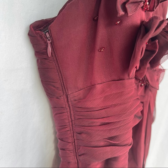 Adrianna Papell Burgundy One Shoulder Sleeveless Beaded Ruched Long Prom Dress - Picture 8 of 12